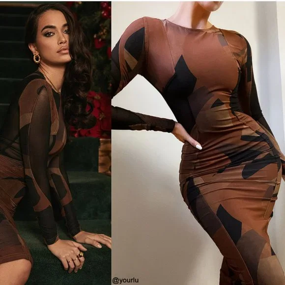 House of CB 'Cassidy' Brown Mesh Printed Long Sleeve Midi Dress NWOT - Picture 6 of 16